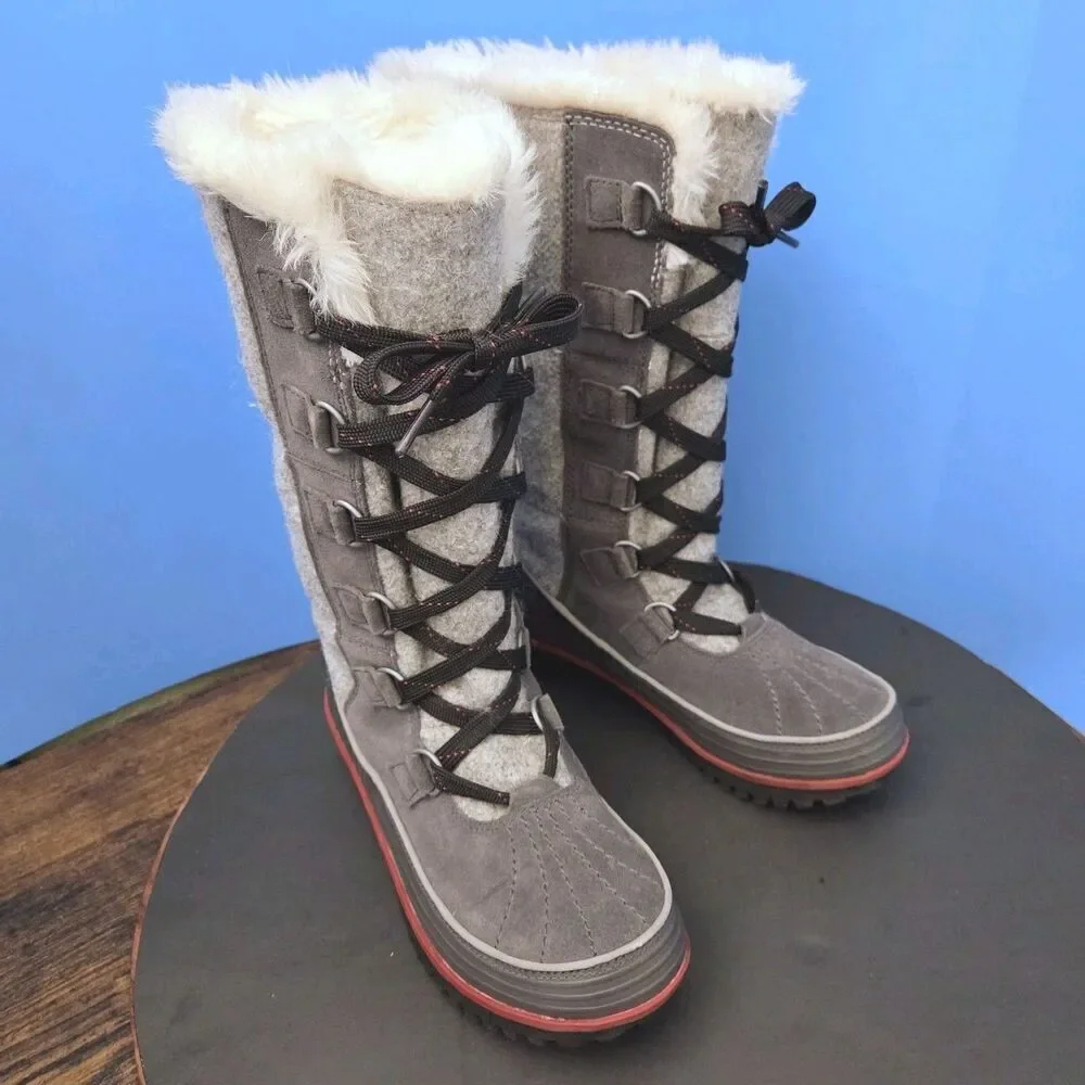 Sorel Tivoli High II Boots Women’s 6 Grey Suede Felt with Faux Fur Lining